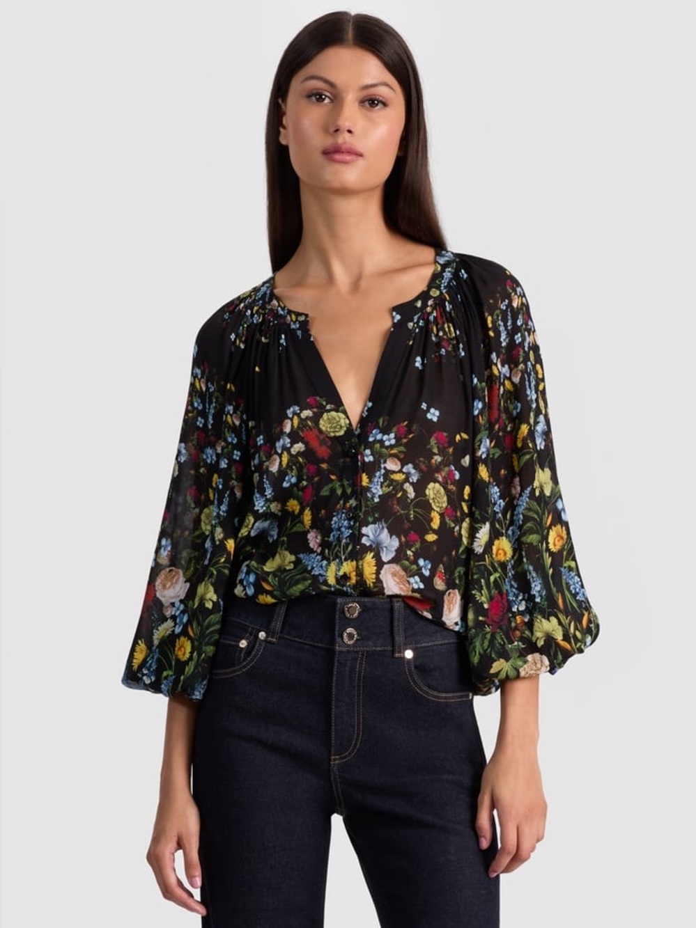 Alice + Olivia Black Floral Thalia long sleeve button front NWT